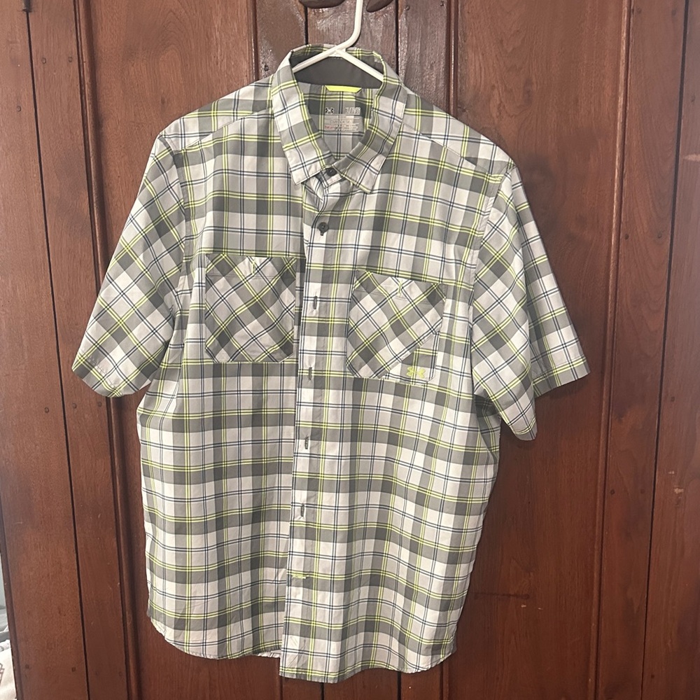 Under Armour Short-Sleeve Plaid Button-Down Shirt in White & Green & Gray
